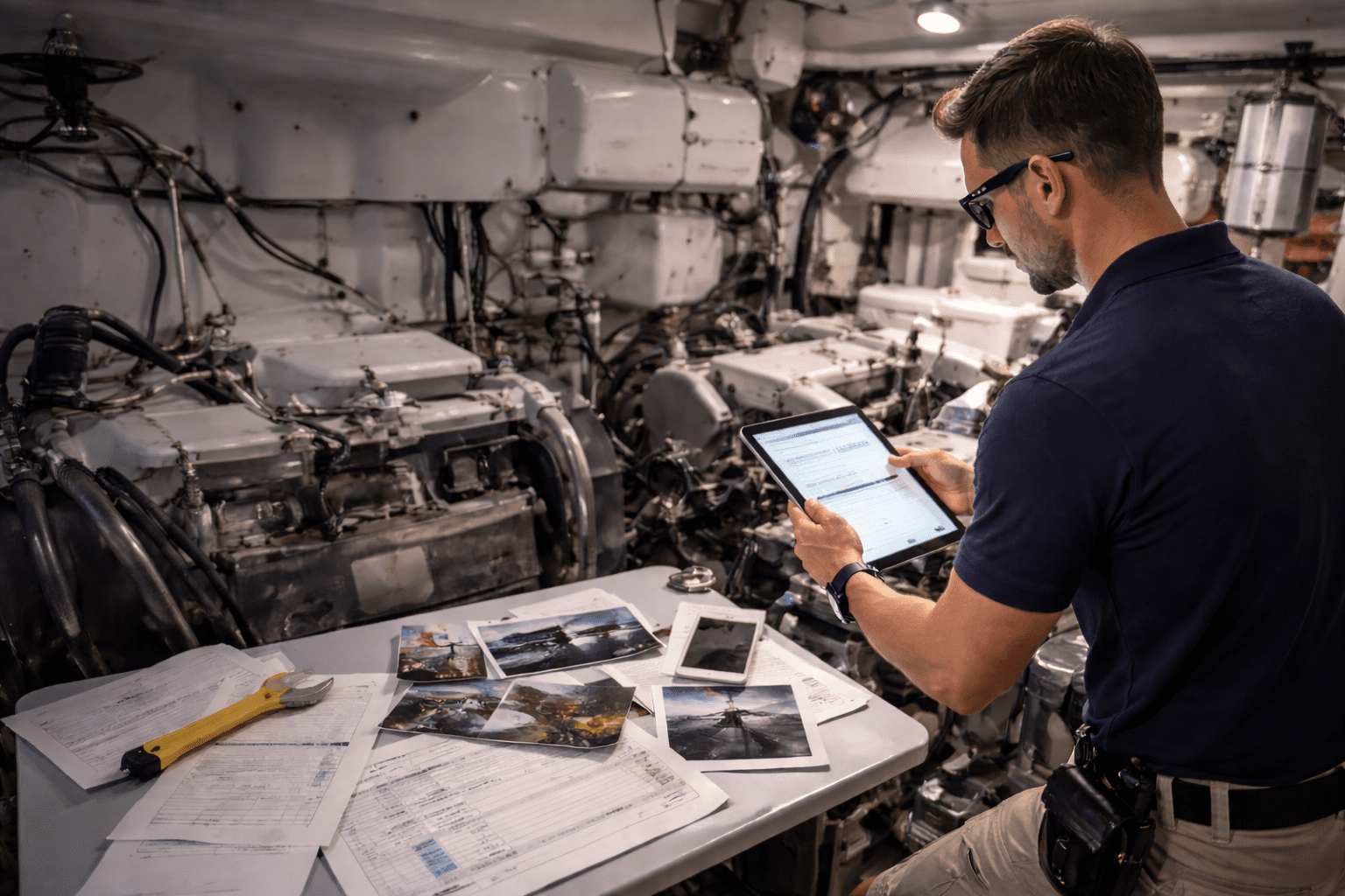 Inspector inspecting a yacht engine room with a tablet