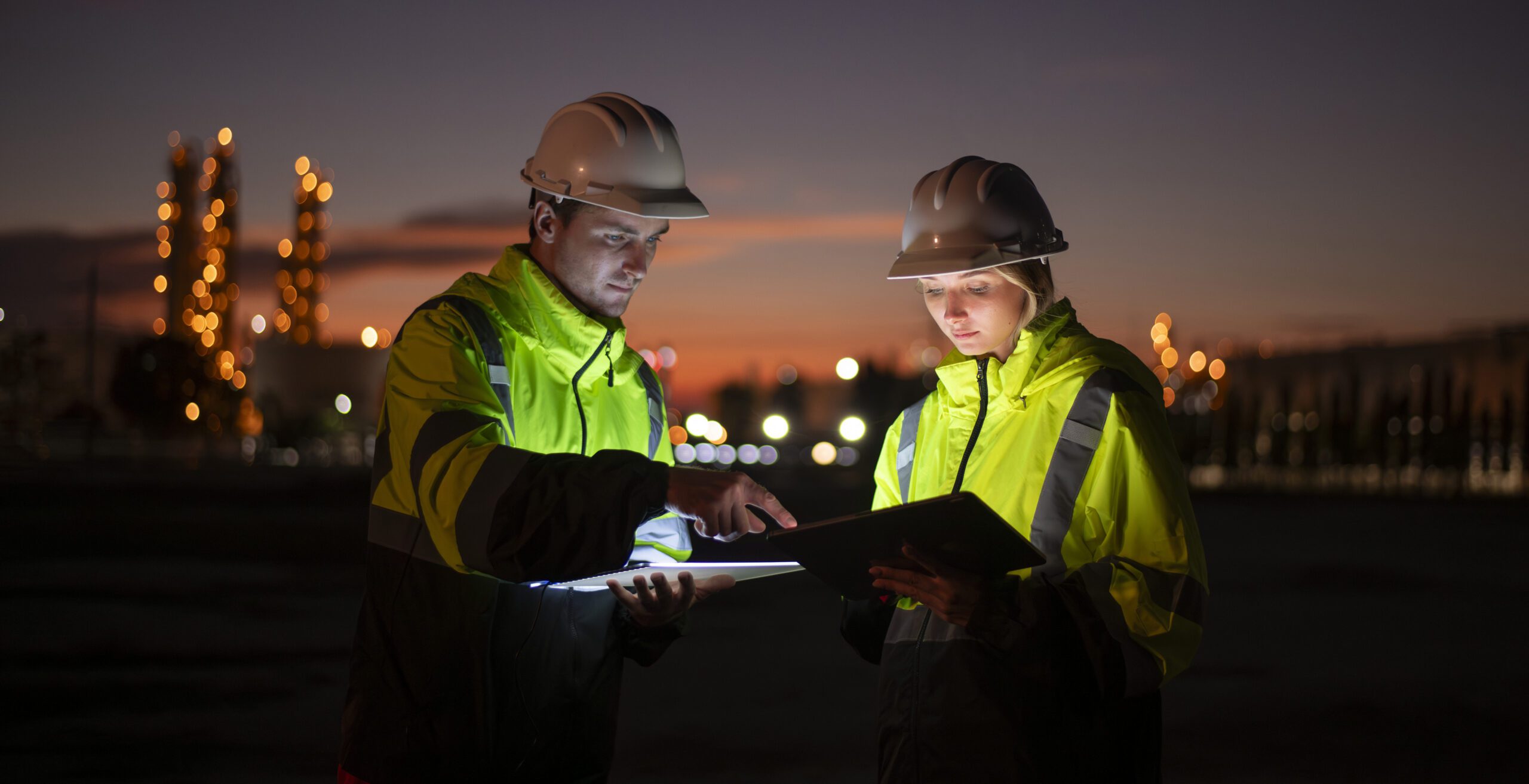 Engineers using a tablet to complete a digital inspection at a gas and energy facility
