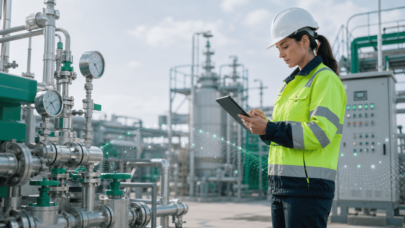 Facility inspector with a tablet at an industrial plant