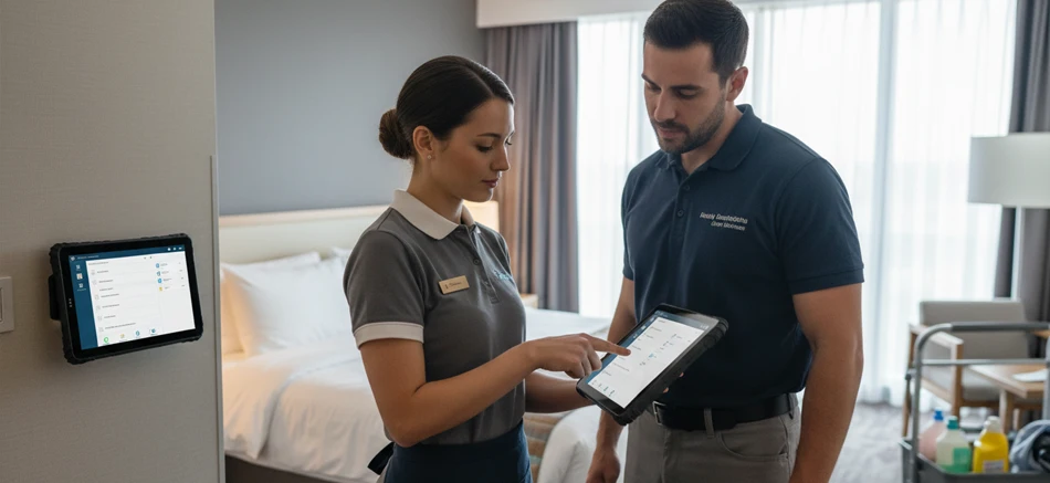 Cleaning supervisor and staff reviewing a checklist on a tablet in a hotel room