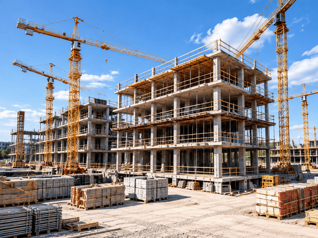 Construction site with cranes and a building under construction
