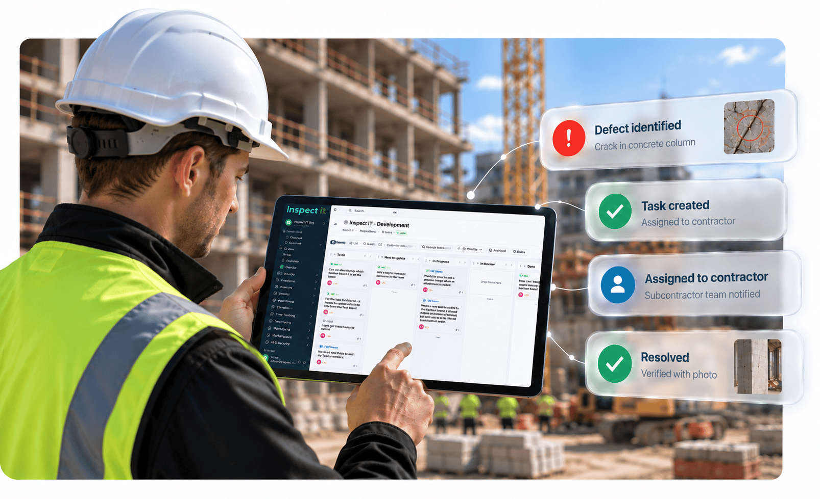 Construction inspector using Inspect it on a tablet on site