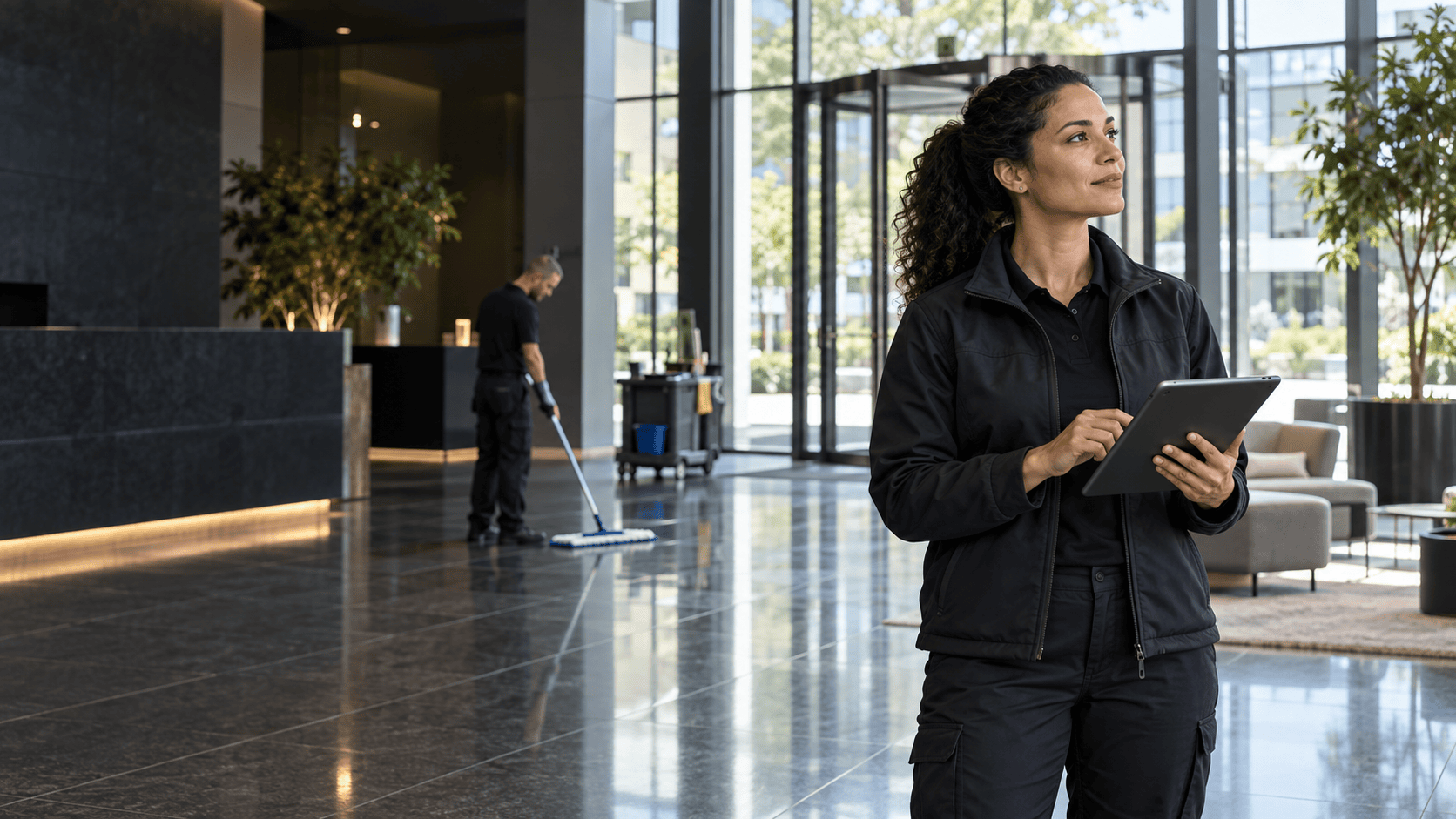 Cleaning supervisor inspecting a commercial office lobby with a tablet