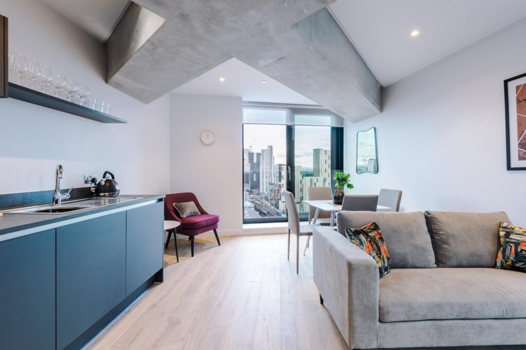 Bright modern apartment living room and kitchen