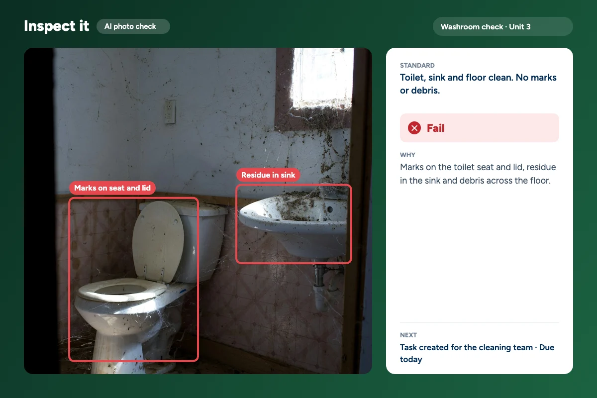 Inspect it AI photo check failing a dirty washroom, with marks on the toilet and residue in the sink highlighted