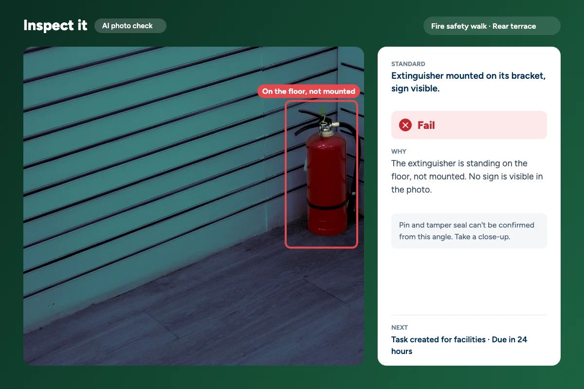Inspect it AI photo check failing a fire extinguisher standing on the floor instead of mounted