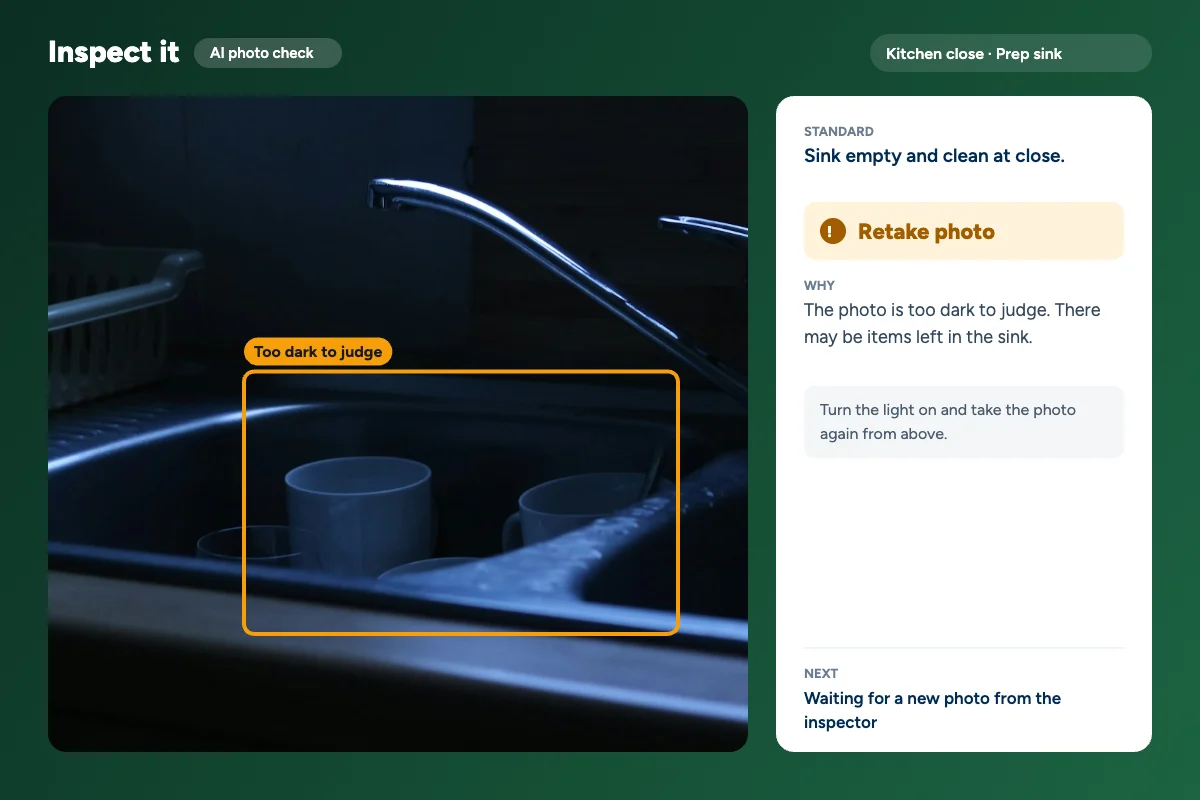 Inspect it AI photo check asking for a retake because the kitchen sink photo is too dark