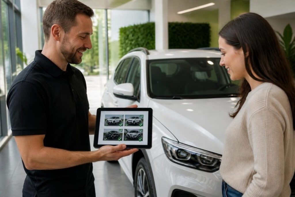 Salesperson showing a customer a digital condition report on a tablet at vehicle handover