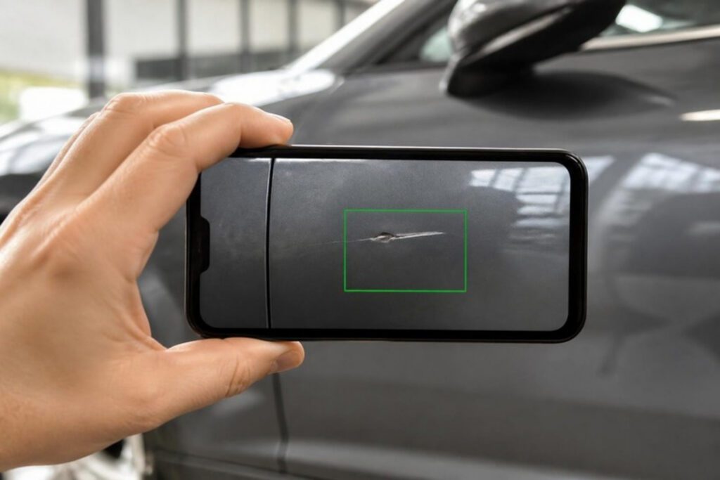 Smartphone photographing a scratch on a car door during a trade-in appraisal