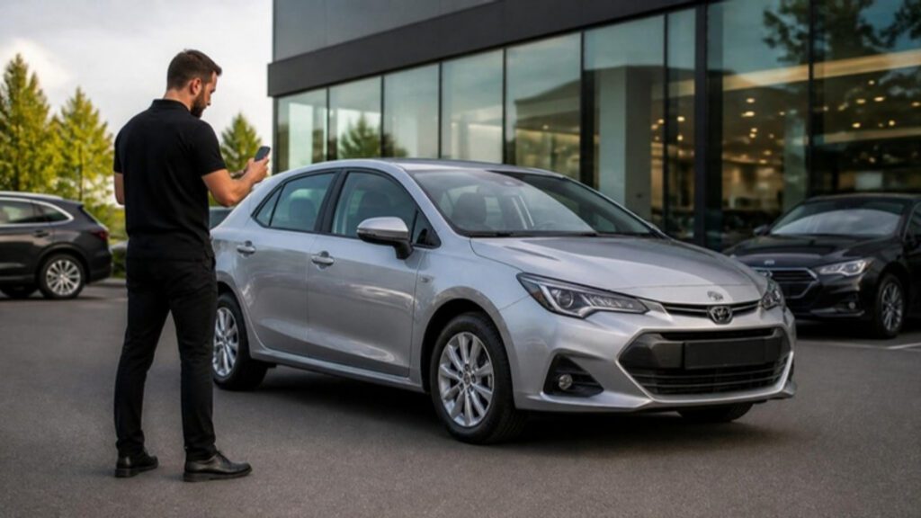 Inspector running an AI vehicle inspection on a car at a dealership forecourt with a smartphone