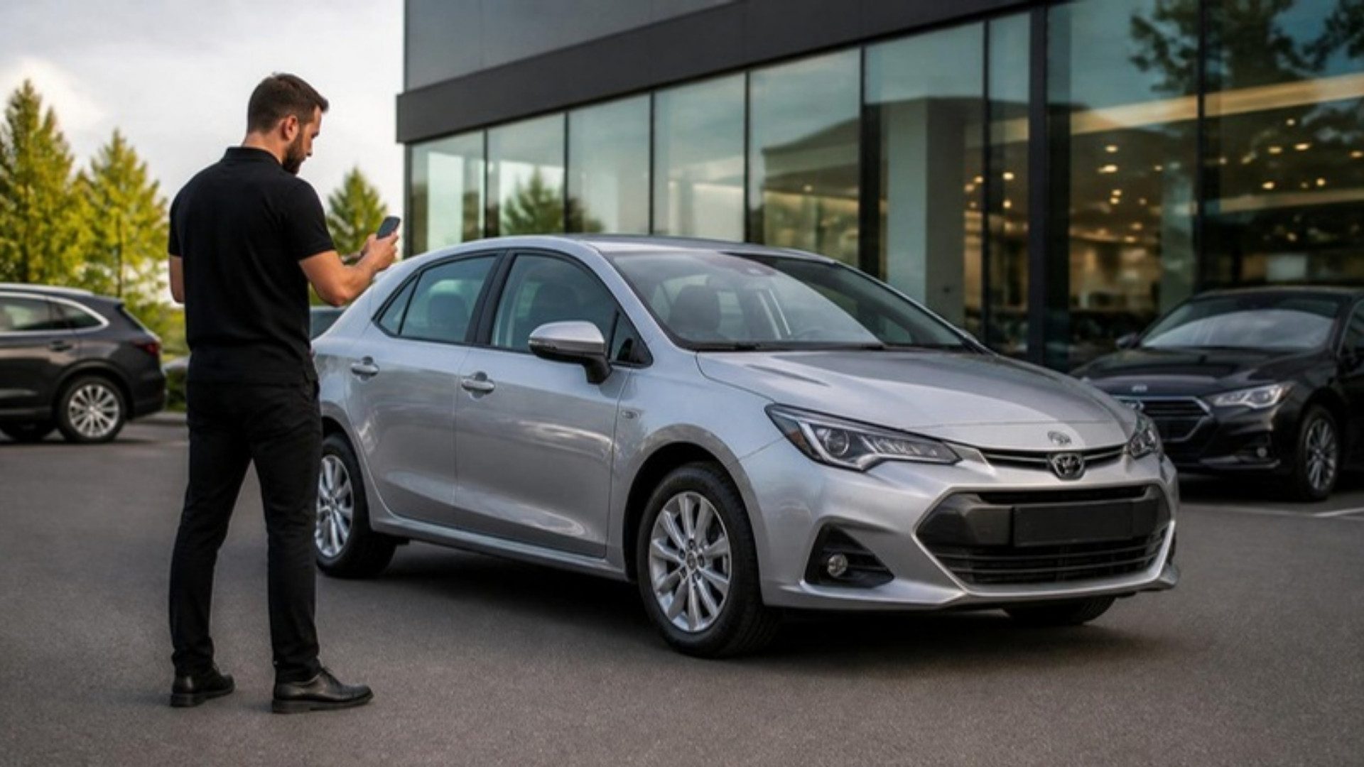 Inspector running an AI vehicle inspection on a car at a dealership forecourt with a smartphone