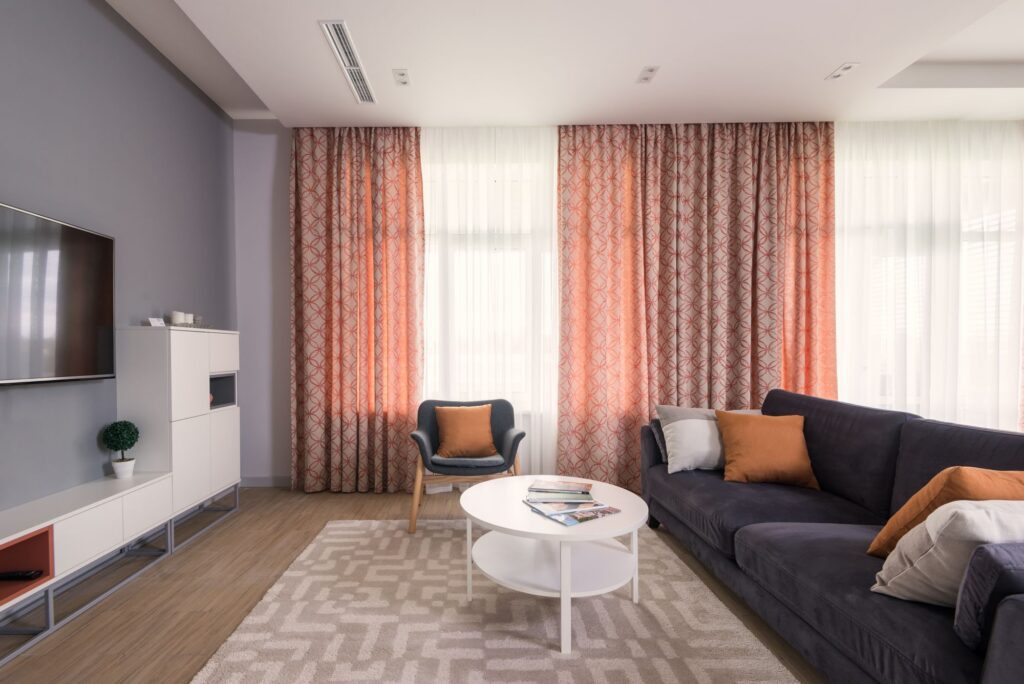 Bright modern apartment living room ready for guests