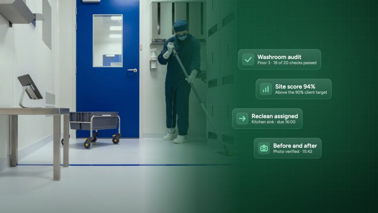 Cleaner mopping a floor during a cleaning quality audit, with Inspect it audit score, reclean and photo verification cards
