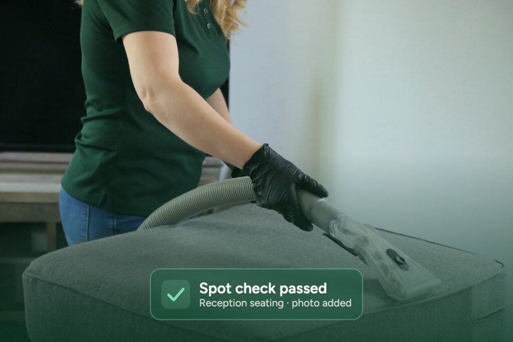 Cleaner vacuuming reception seating during a cleaning spot check, with an Inspect it spot check passed card