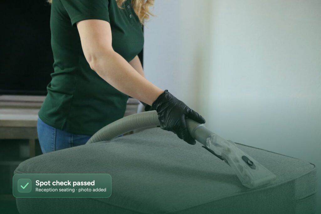 Cleaner vacuuming reception seating during a cleaning spot check, with an Inspect it spot check passed card