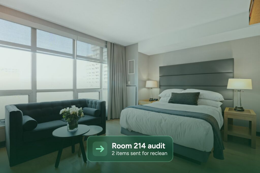 Hotel room checked during a cleaning audit, with an Inspect it card showing two items sent for reclean