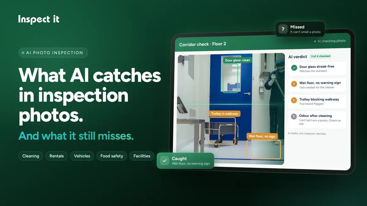 Inspect it app on a tablet showing AI flagging issues in an inspection photo