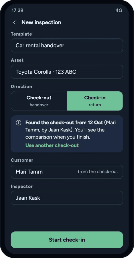 New inspection screen with Check-out and Check-in direction and a found check-out from 12 Oct
