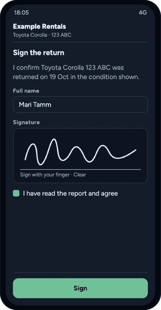 Customer signature screen with name field and finger signature box