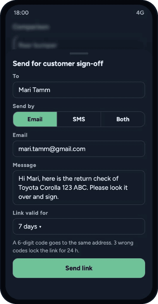 Send for customer sign-off sheet with email, SMS and message fields