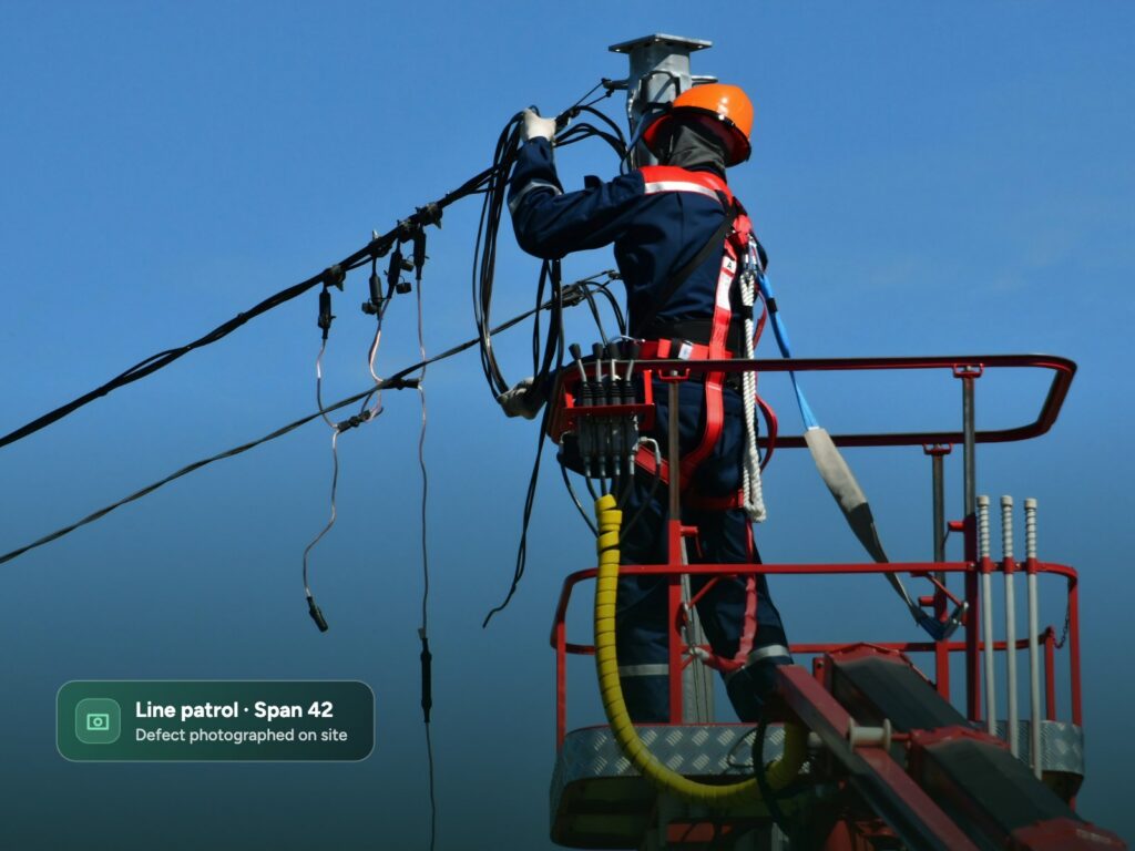 Utility worker repairing an overhead power line from a bucket truck during a line patrol