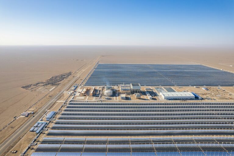 Aerial view of a large solar power plant inspected with Inspect it energy and utilities inspection software