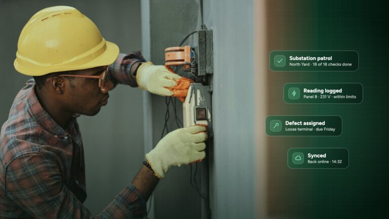 Electrical engineer testing a panel during a substation inspection, with Inspect it checklist, reading and defect cards