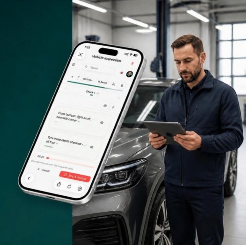 Inspect it app recording a walk and talk AI vehicle inspection, with car checklist items on screen